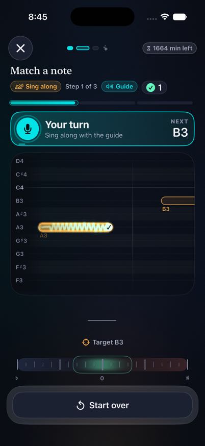 Visual Vocal Training showing a singer’s live pitch following an A3 target during a guided exercise